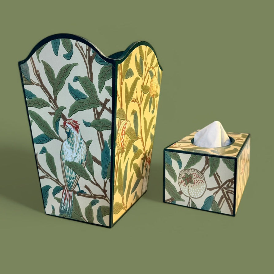 Gloucestershire - Matching set - Waste paper bin & a square or rectangle tissue box cover - Decoupage in Bird & Pomegranate by Morris & Co in Sage colourway