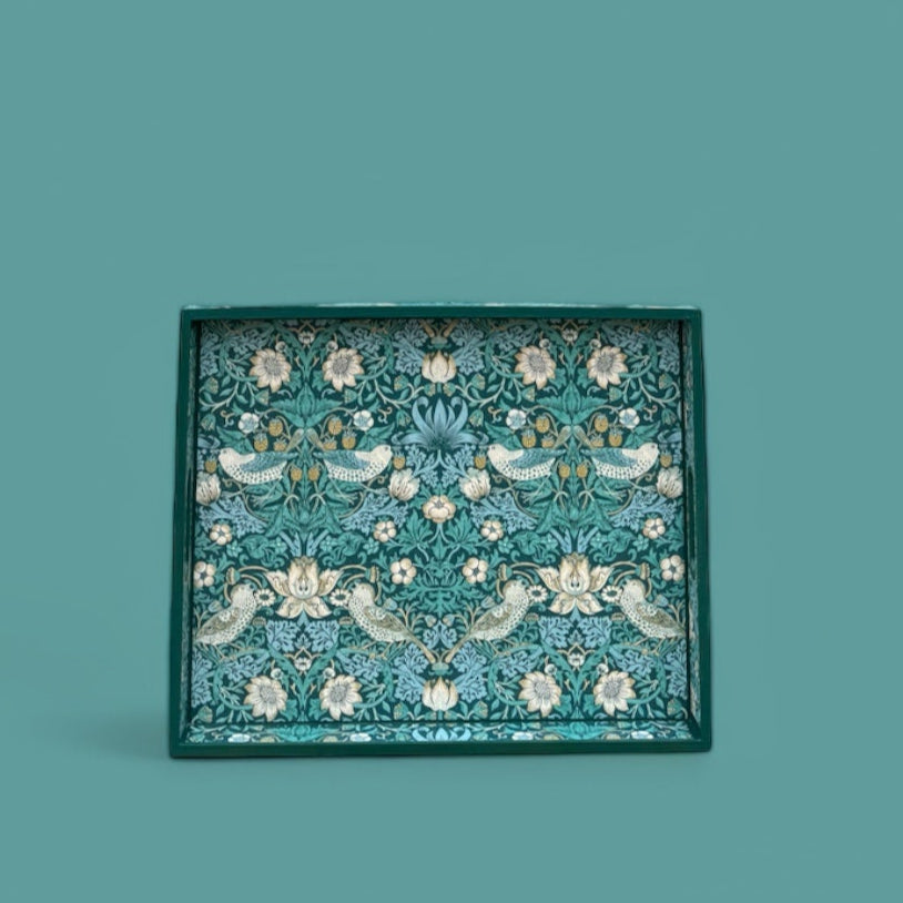 Kelmscott - Ottoman tray available in 4 x sizes - Decoupage in William Morris Strawberry Thief by Clarke & Clarke in teal colourway