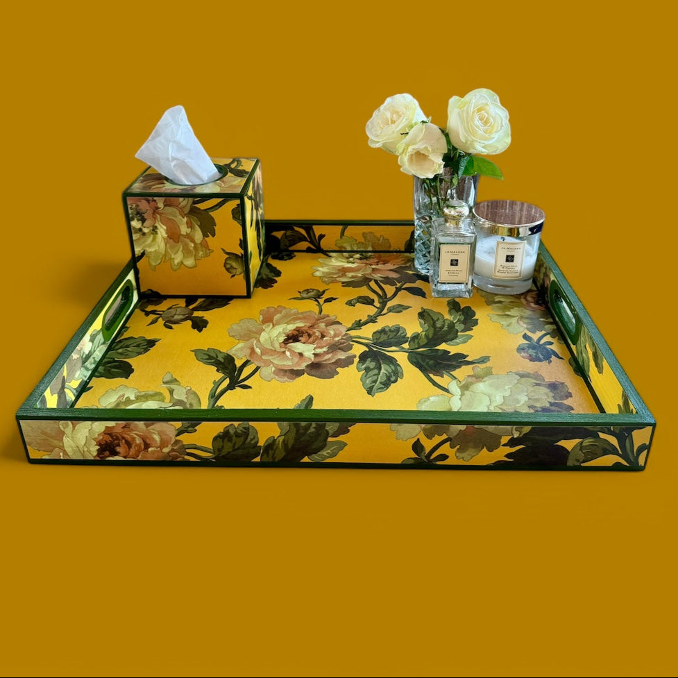 Notting Hill - Ottoman tray available in 4 x sizes - Decoupage in Peonded by House of Hackney in ochre colourway