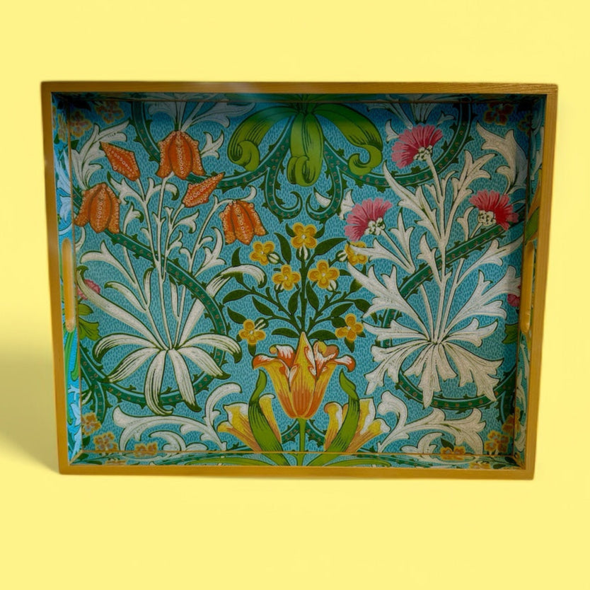 Highgate - Ottoman tray available in 4 x sizes - Decoupage in William Morris Woodland weeds by Morris & Co in orange & turquoise colourway