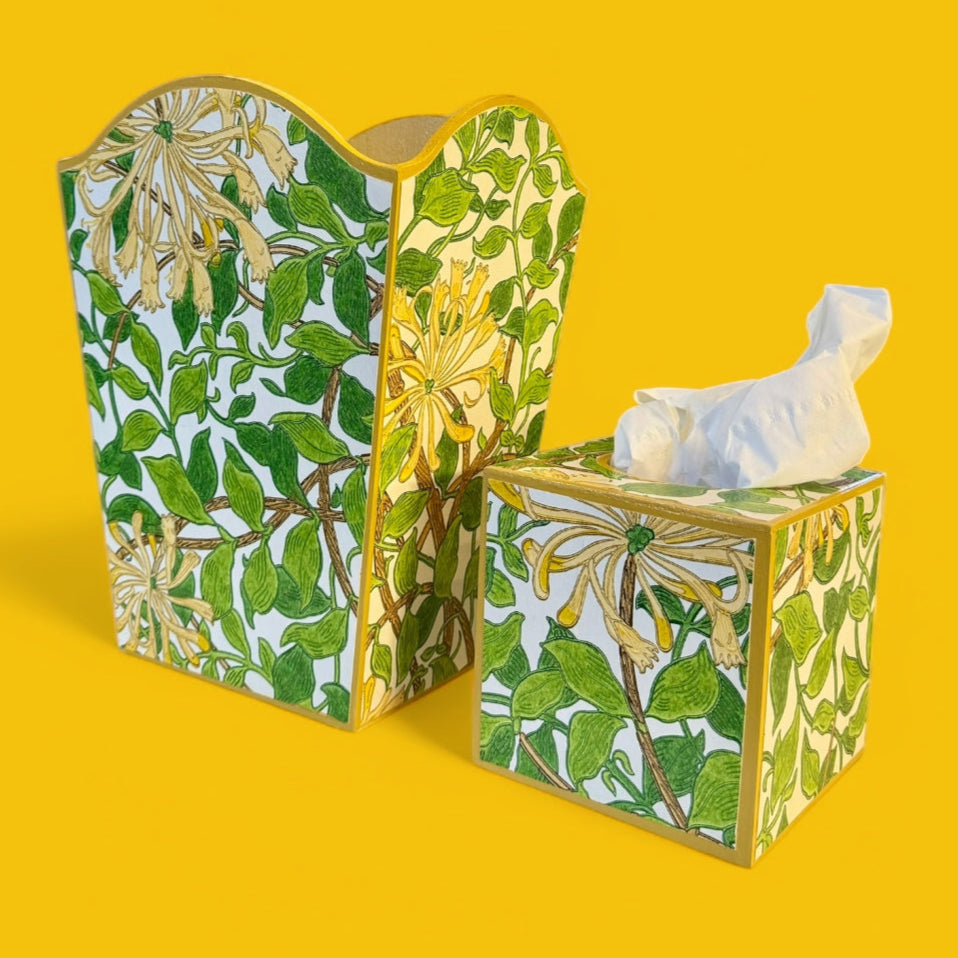 Dalston - Matching set - Waste paper bin and square or rectangle tissue box cover - Decoupage in William Morris Honeysuckle by Morris & co in cream and chocolate colourway