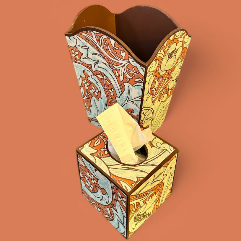 Clerkenwell - Matching set - Waste paper bin and square or rectangle tissue box cover - Decoupage in William Morris Batchelors Button by Morris & Co in Orange/Sky colourway