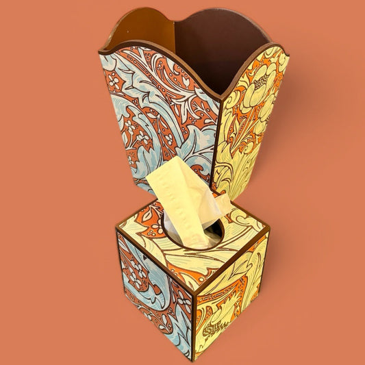 Clerkenwell - Matching set - Waste paper bin and square or rectangle tissue box cover - Decoupage in William Morris Batchelors Button by Morris & Co in Orange/Sky colourway