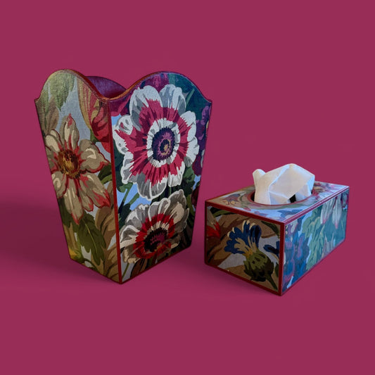 Brighton - Matching set - Waste paper bin and square or round tissue box cover - Decoupage in Florescence by House of Hackney in Azure colourway