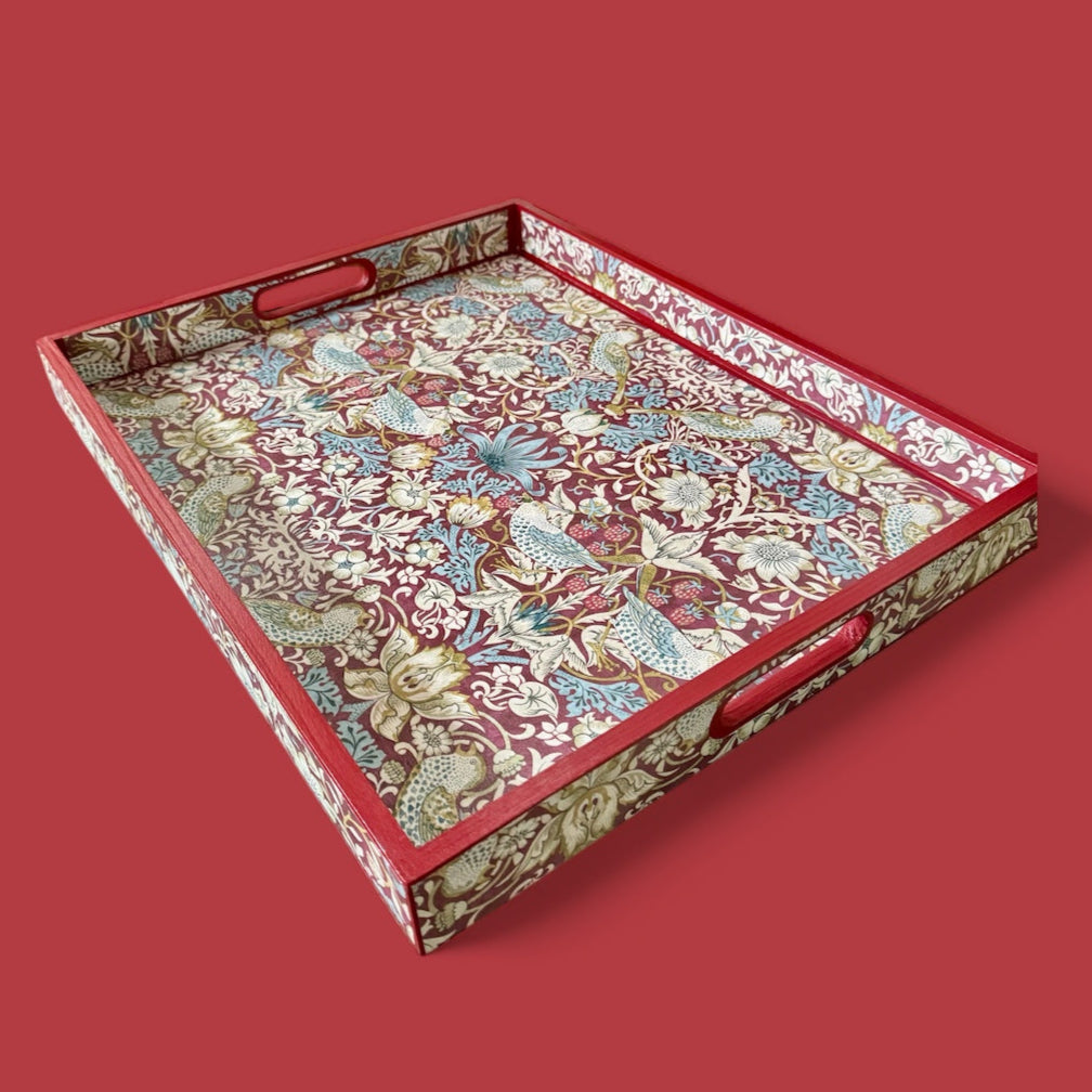Kelmscott 'The red edit' - Ottoman tray available in 4 x sizes - Decoupage in William Morris Strawberry Thief by Clarke & Clarke in plum colourway