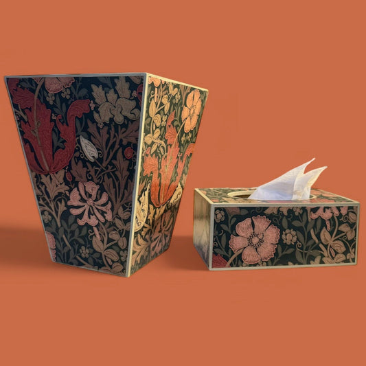 Belgravia - Matching set - Waste paper bin and square or rectangle tissue box cover - Decoupage in William Morris Compton in burnt orange and brown colourway