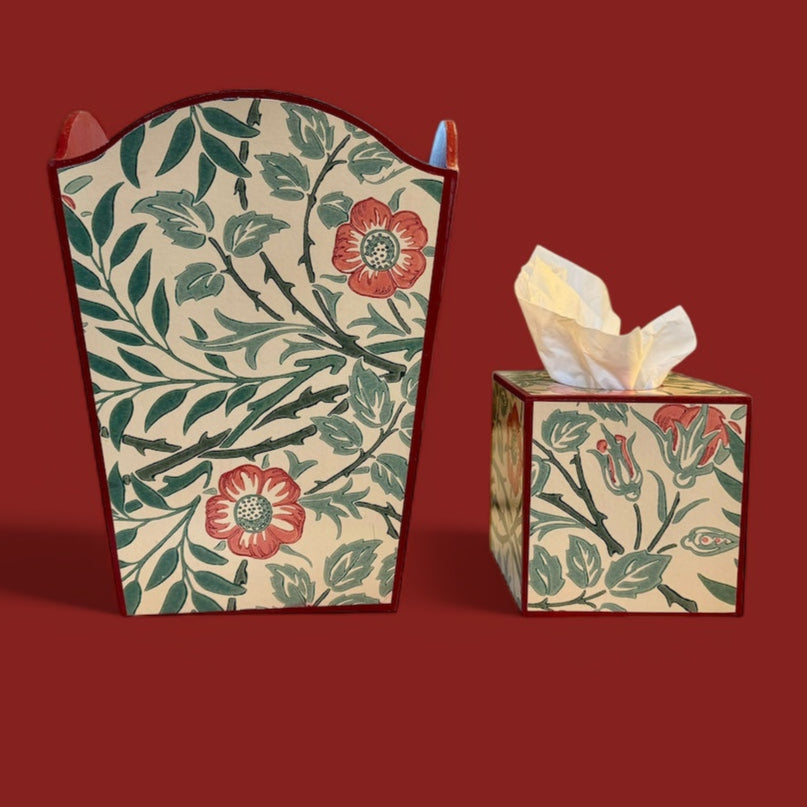 William Morris Waste paper bin and square tissue box cover matching set in Sweet Briar by Morris & Co in green,blue,rust colour way