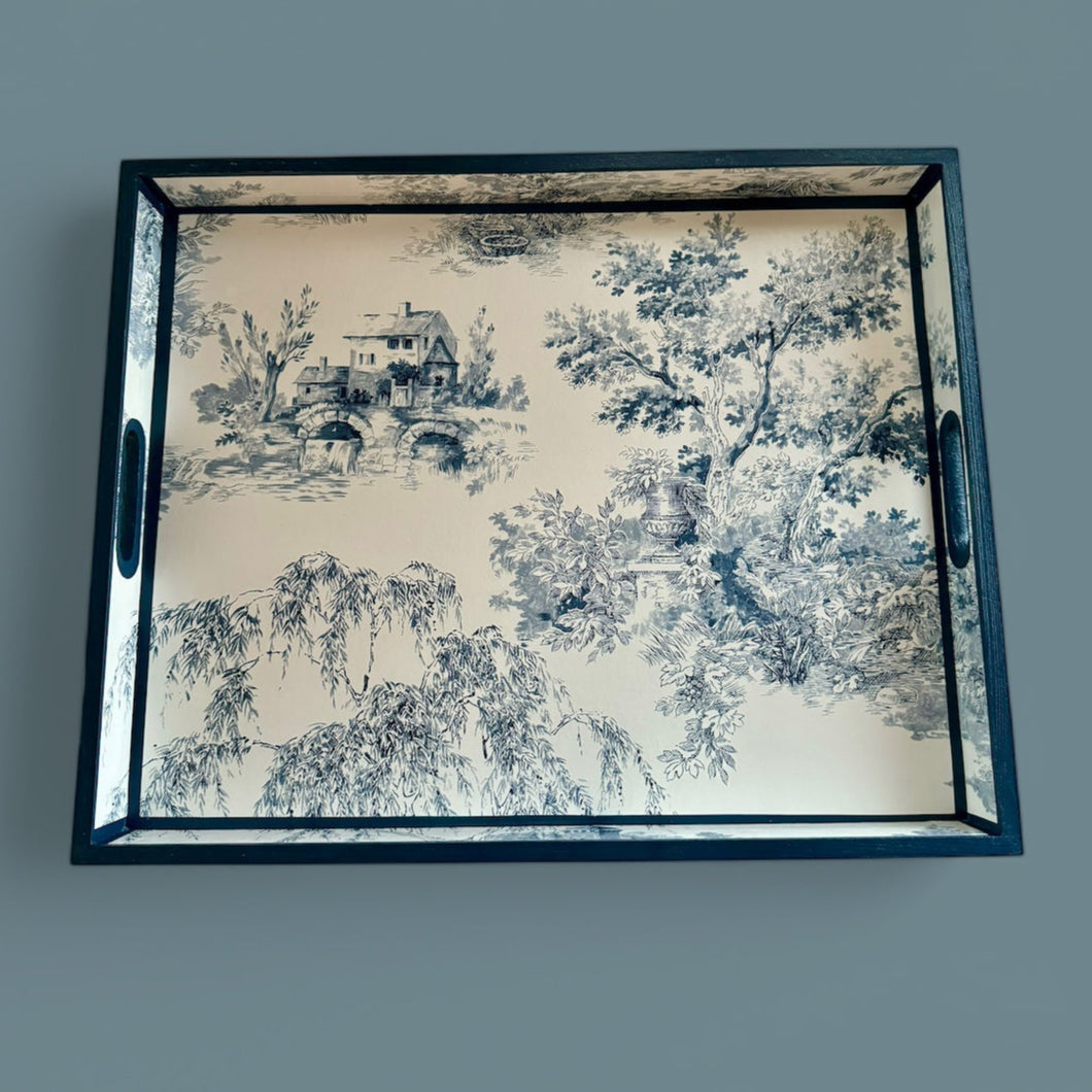 Paris - Ottoman tray available in 4 x sizes - Decoupage in Navy Toile de Jouy in navy colourway