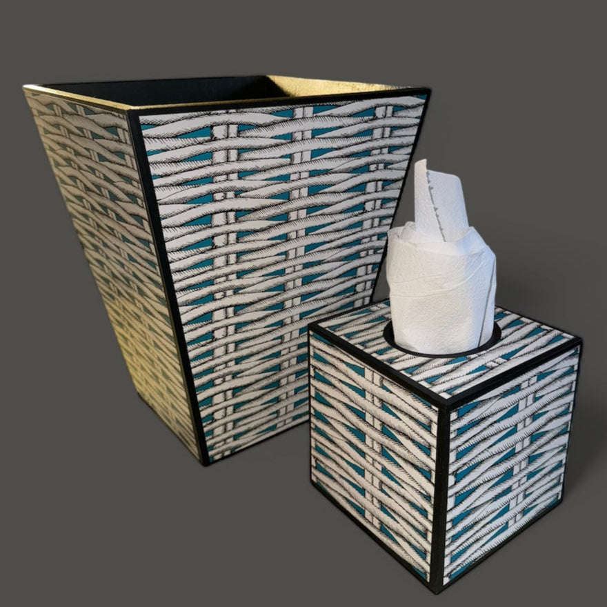Christian Lacroix X Designers Guild Barbade Aqua waste paper bin & tissue box holder set,handmade by Beatrice Bloom London
