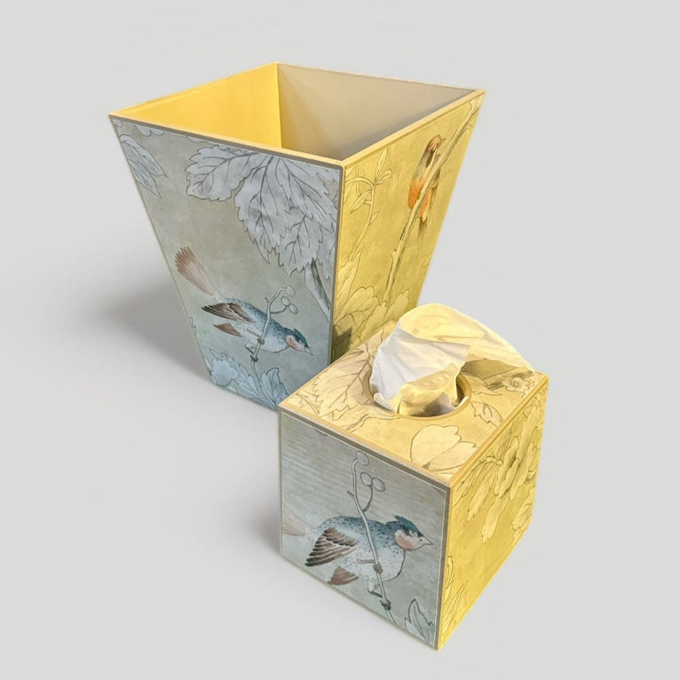 Chiswick - Matching set - Waste paper bin and square or rectangle tissue box cover - Decoupage in Chiswick Grove by sanderson in gold colourway