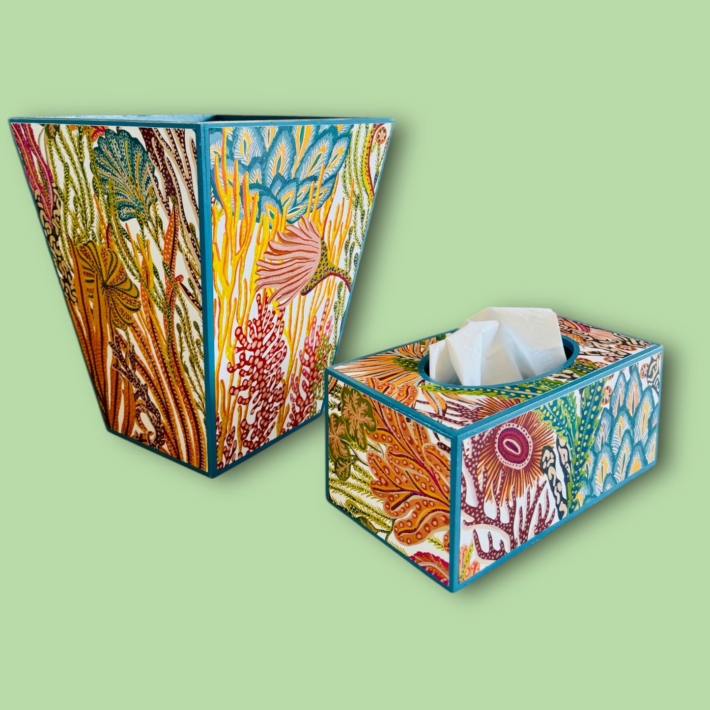 Coral Reef - Matching set option for square or rectangle tissue box cover - Decoupage in Acropora by Harlequin Brazilian Rosewood colour way.