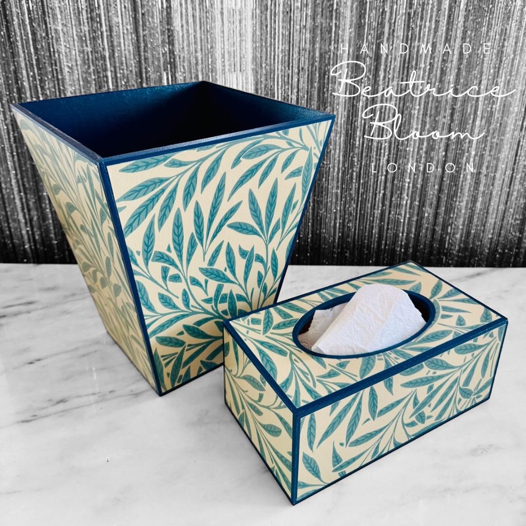 Primrose Hill - Waste paper bin and square or rectangle tissue box cover - Decoupage in Willow by Morris & Co in Slate colour way