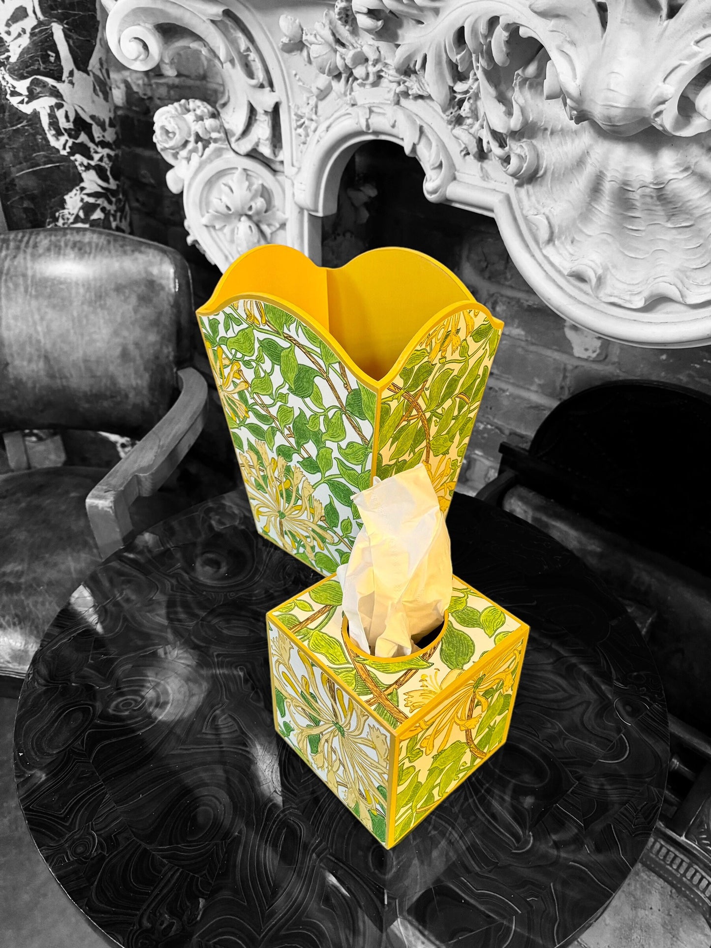 Dalston - Matching set - Waste paper bin and square or rectangle tissue box cover - Decoupage in William Morris Honeysuckle by Morris & co in cream and chocolate colourway