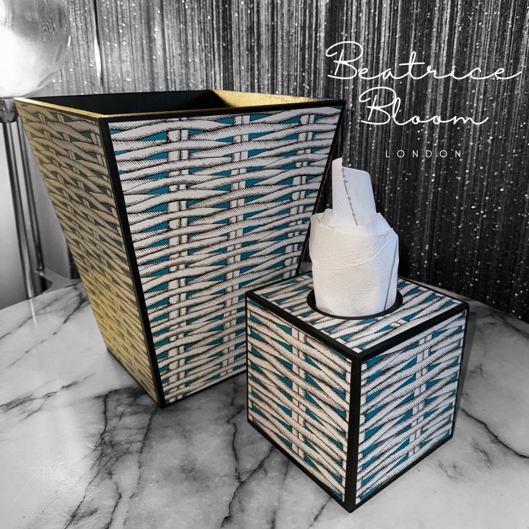 Christian Lacroix X Designers Guild Barbade Aqua waste paper bin & tissue box holder set,handmade by Beatrice Bloom London