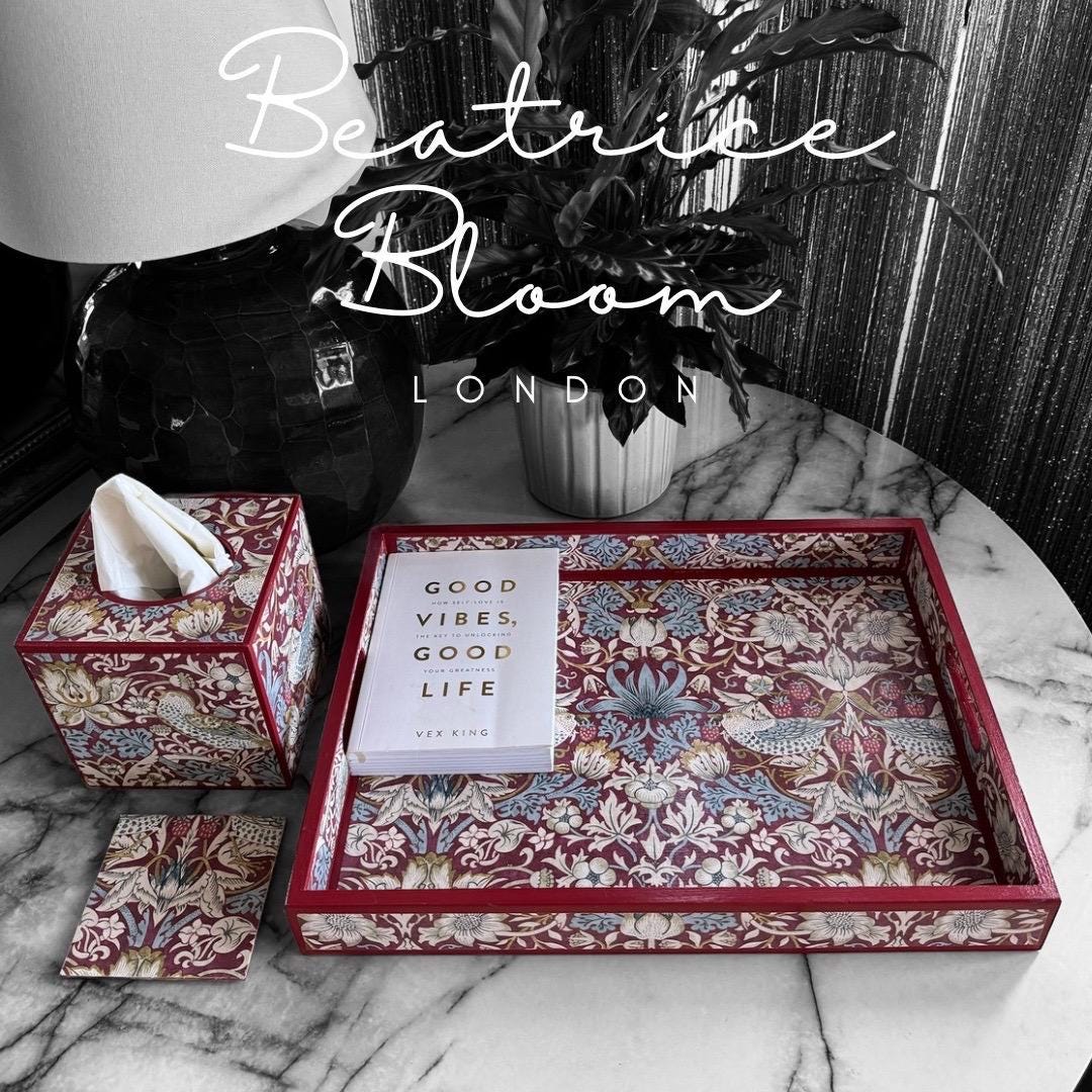Kelmscott 'The red edit' - Ottoman tray available in 4 x sizes - Decoupage in William Morris Strawberry Thief by Clarke & Clarke in plum colourway