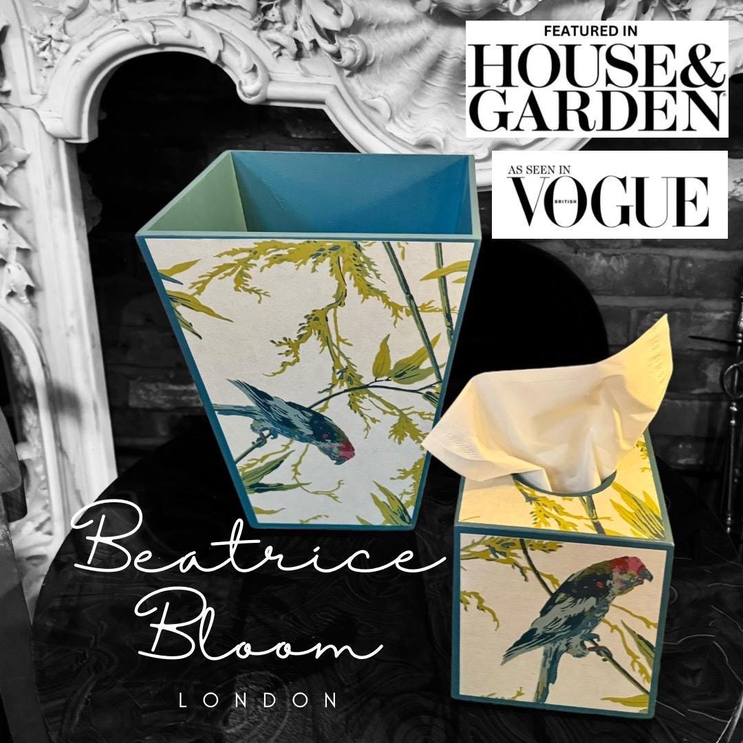 Bloomsbury - Matching set - Waste paper bin and square or rectangle tissue box cover - Decoupage in Great Ormond Street/Little Greene in tropical colour way