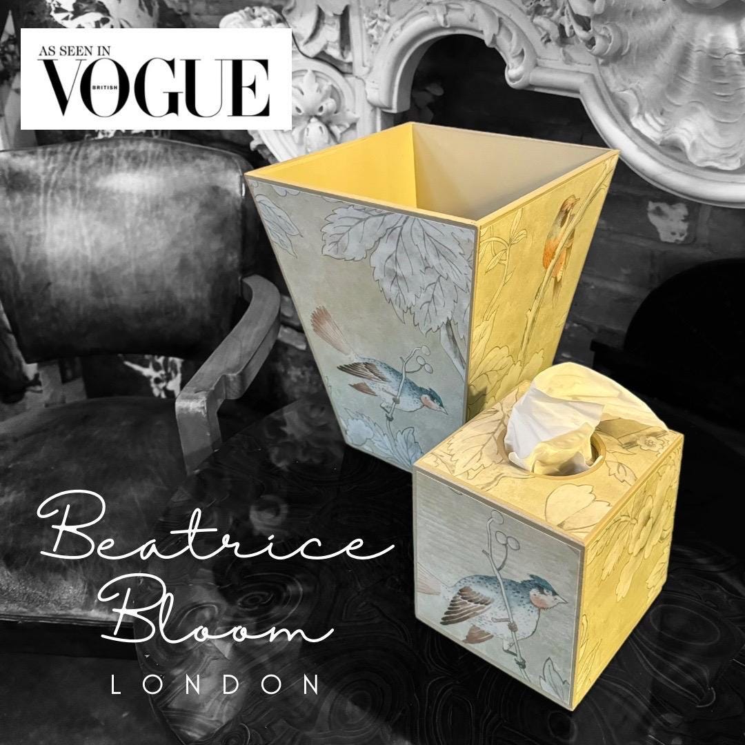 Chiswick - Matching set - Waste paper bin and square or rectangle tissue box cover - Decoupage in Chiswick Grove by sanderson in gold colourway