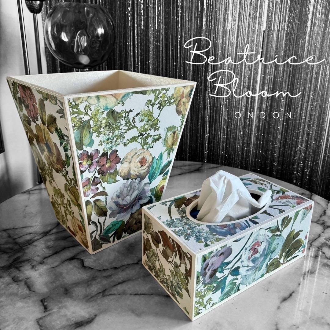 Hove - Matching set - Waste paper bin and square or rectangle tissue box cover - Decoupage in Designers Guild Mansur zinc colour way