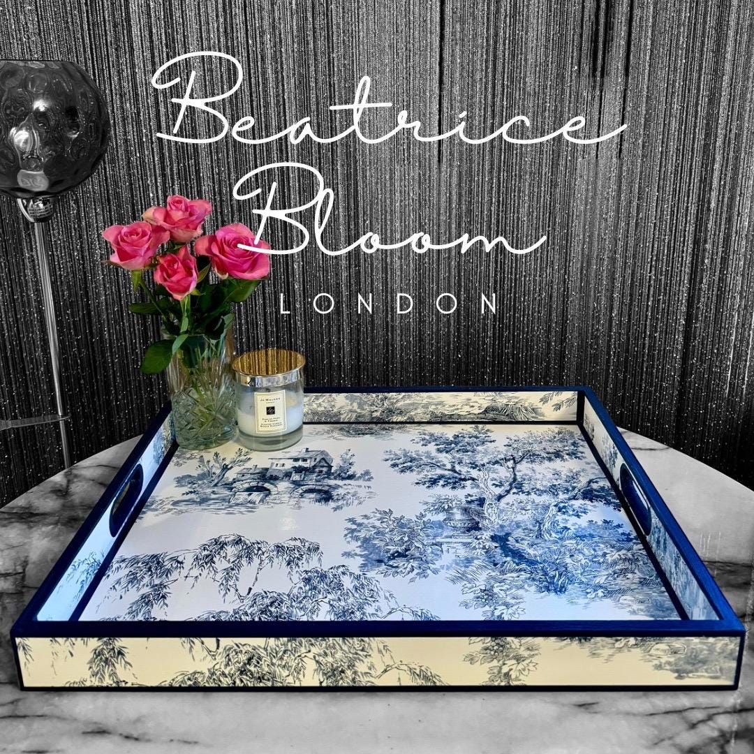 Paris - Ottoman tray available in 4 x sizes - Decoupage in Navy Toile de Jouy in navy colourway