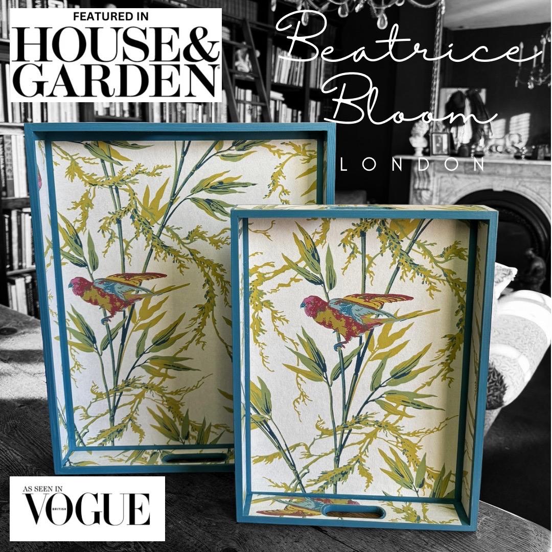 Featured in British Vogue Handmade large coffee table tray,breakfast tray,footstool tray, blue birds, by Beatrice Bloom London 5 X SIZES
