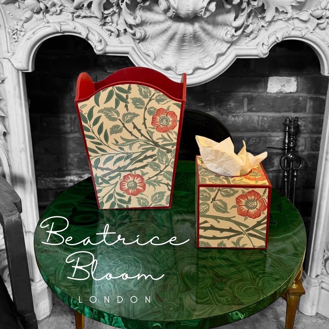 William Morris Waste paper bin and square tissue box cover matching set in Sweet Briar by Morris & Co in green,blue,rust colour way
