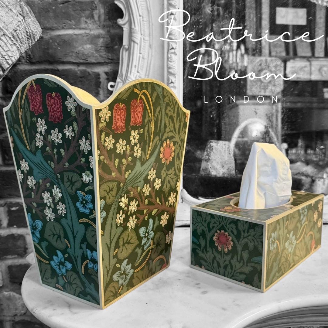 Marylebone - Matching set - Waste paper bin & square or rectangle tissue box cover - Decoupage in William Morris Blackthorn By Morris & Co in archive colourway