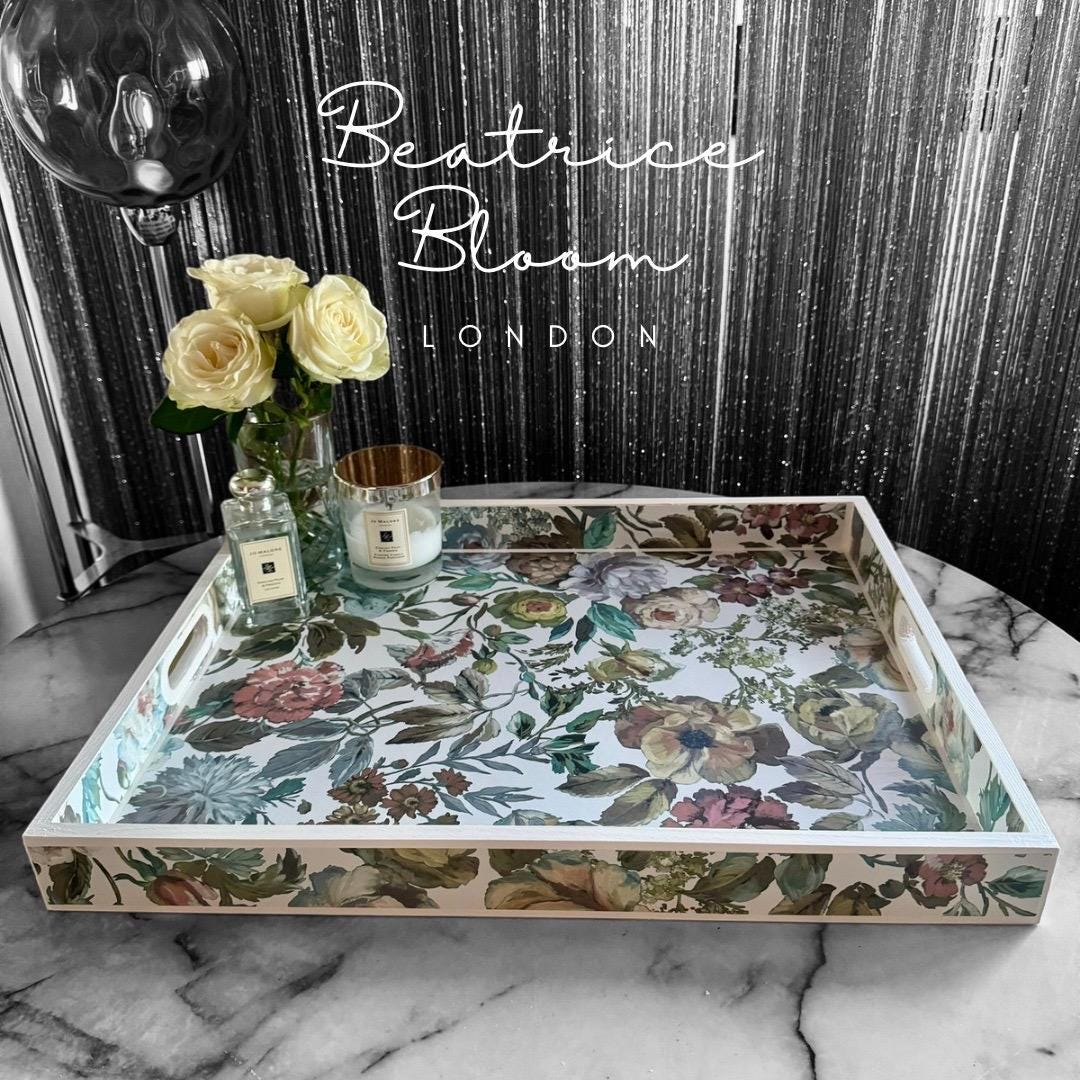 Designers Guild Mansur white floral tray,xl tray,ottoman tray,footstool tray,decoupage tray.Handmade in 5 X SIZES mothers day gift