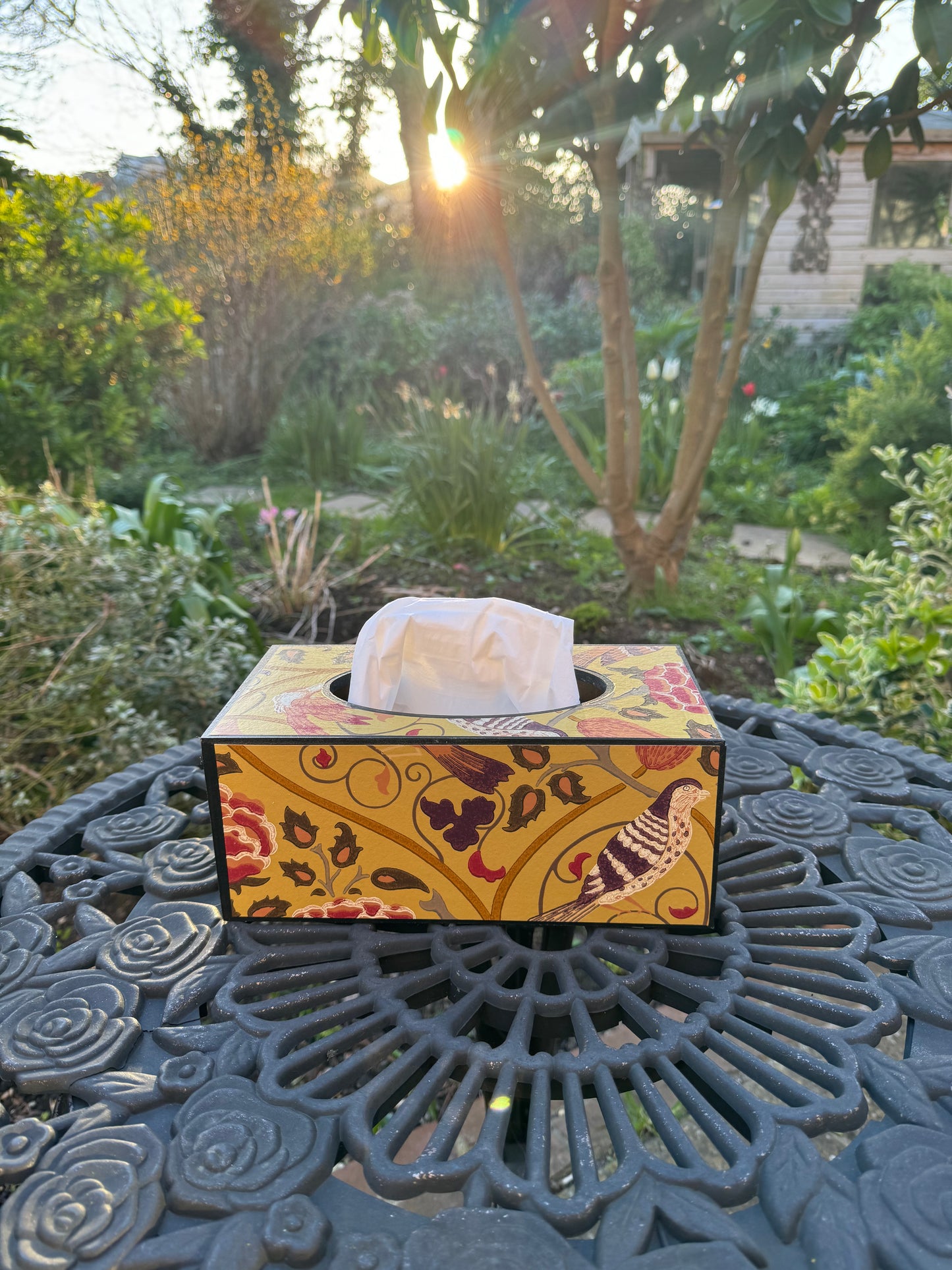 ASCOT - rectangle tissue box cover - Decoupage in Seasons by May/Morris & Co in saffron yellow colourway