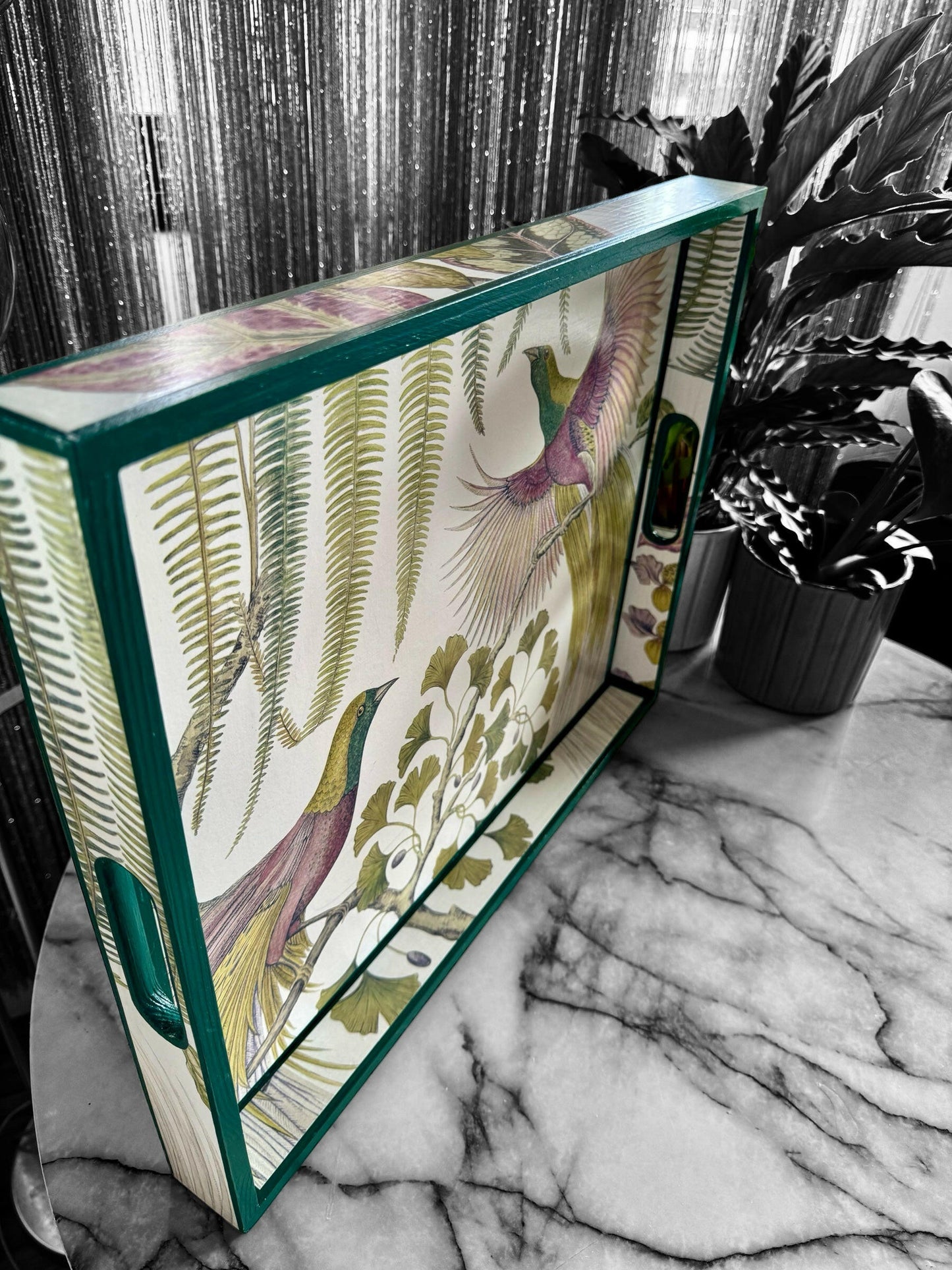 KEW Tray available in 4 x sizes - Decoupage in Birds of Paradise/Sanderson in in Orchid colourway