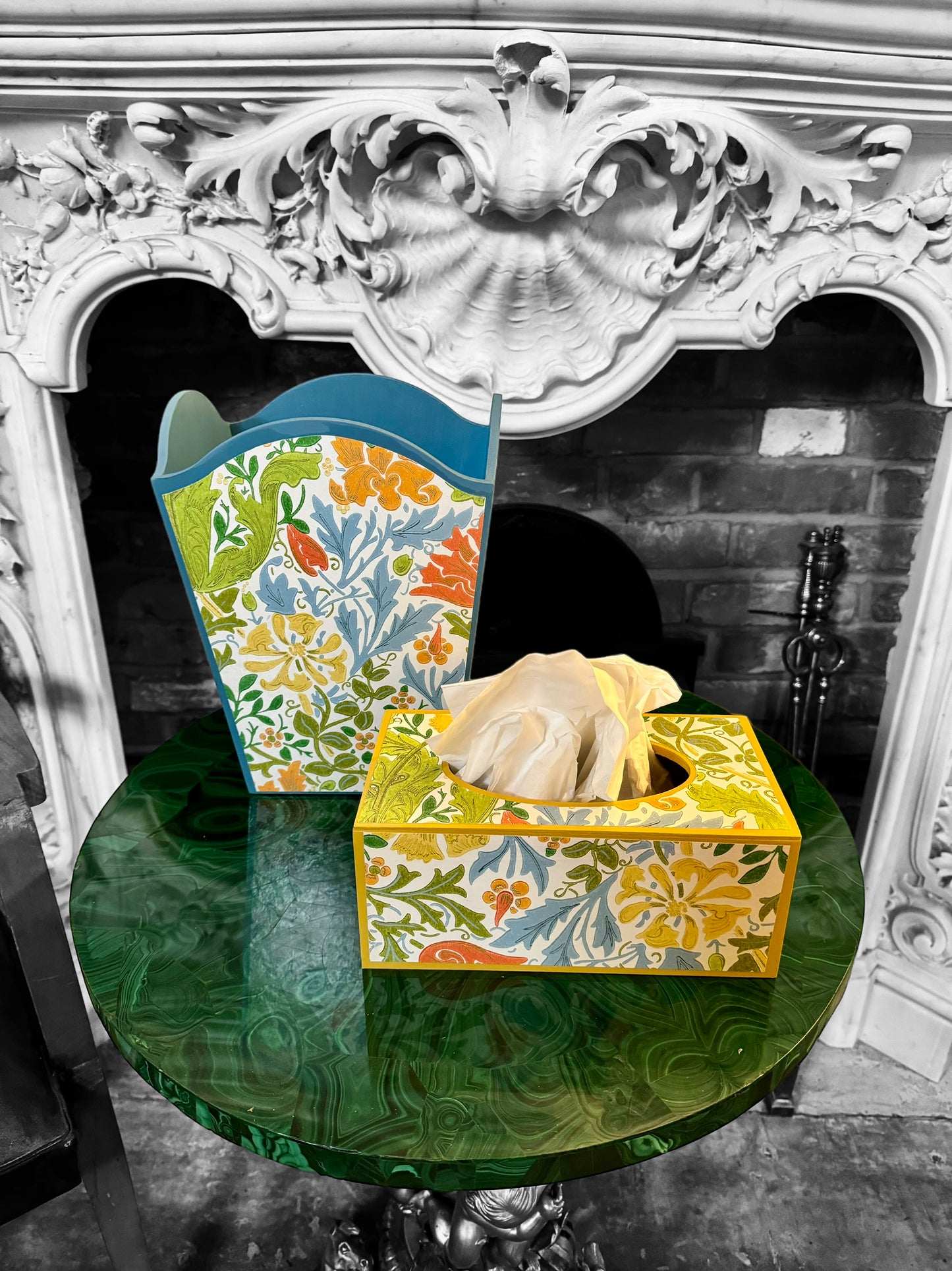 HAMPTON **LIMITED EDITION** Waste paper bin & tissue box cover - Decoupage Compton Spring/Cornubia/Ben Pentreath/Morris & Co.