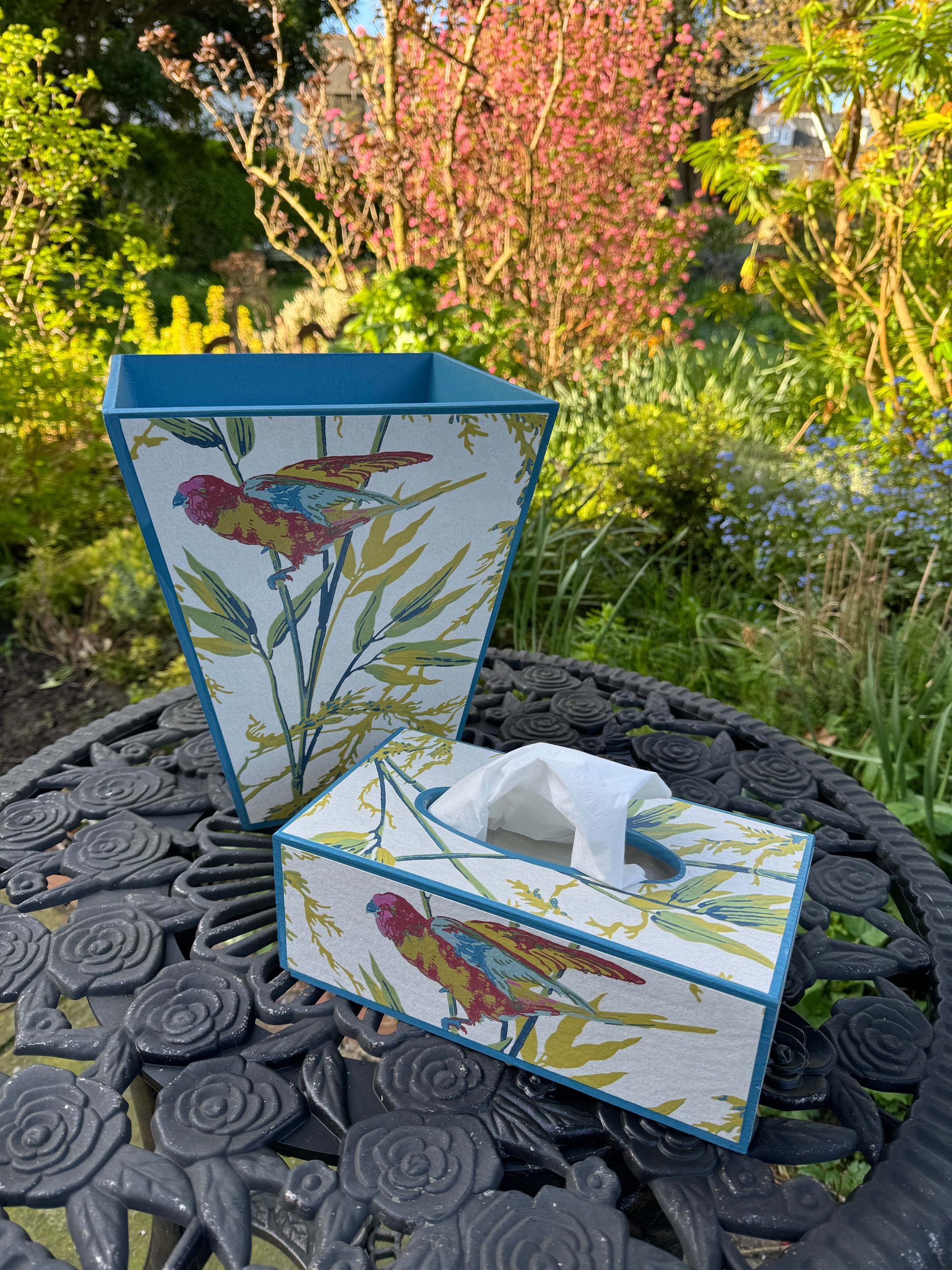 BLOOMSBURY - waste paper bin & rectangle tissue box cover - Decoupage in Great Ormond St/Little Greene.