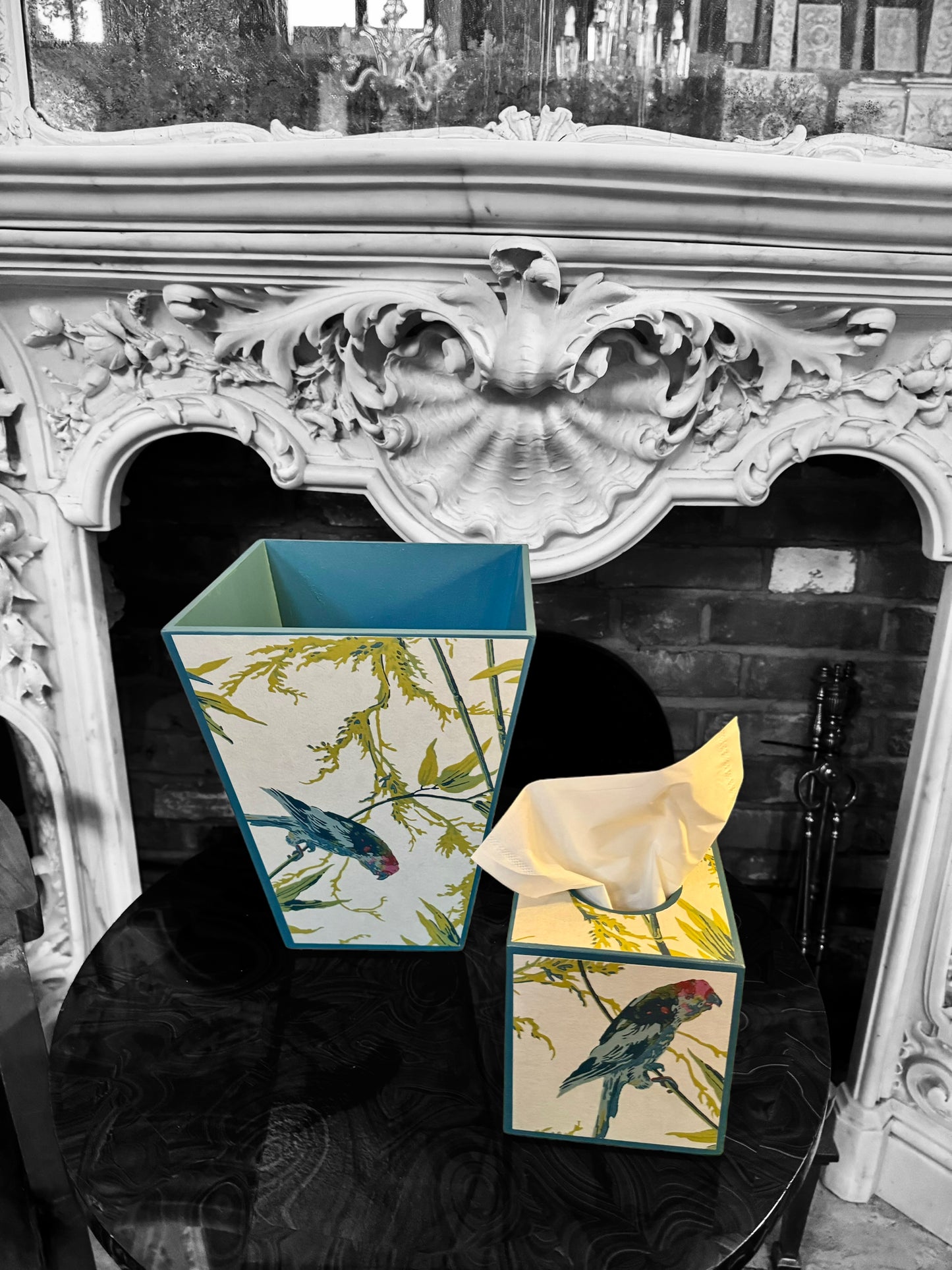 Bloomsbury - Matching set - Waste paper bin and square or rectangle tissue box cover - Decoupage in Great Ormond Street/Little Greene in tropical colour way