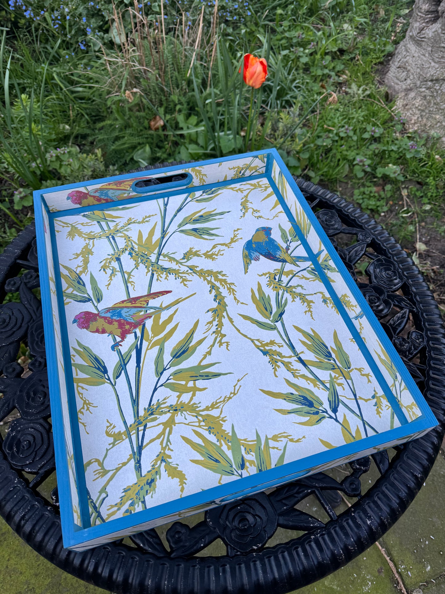 BLOOMSBURY tray in 4 sizes - Decoupage in Great Ormond St/Little Green in tropical colourway.