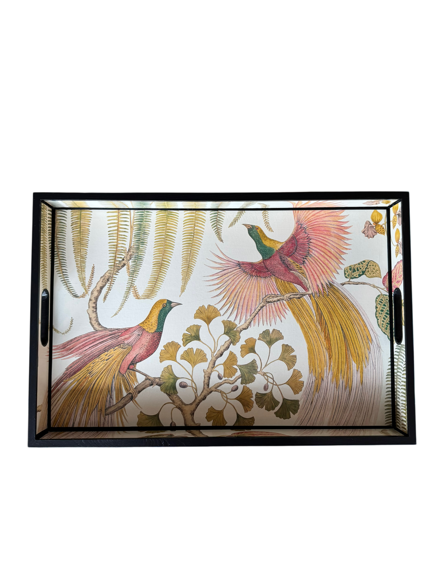 Kew Noir - Ottoman tray available in 5 x sizes - Decoupage in Bird of Paradise by Sanderson in Olive colourway
