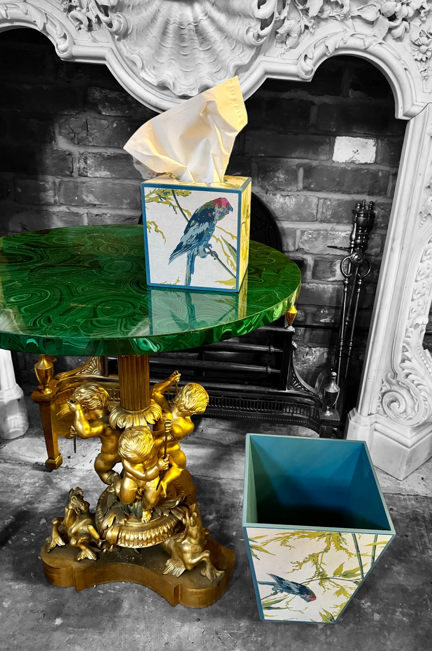 Bloomsbury - Matching set - Waste paper bin and square or rectangle tissue box cover - Decoupage in Great Ormond Street/Little Greene in tropical colour way