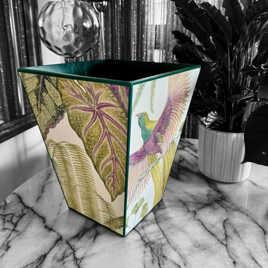 KEW Waste paper bin - Decoupage in Birds of Paradise/Sanderson in in Orchid colourway