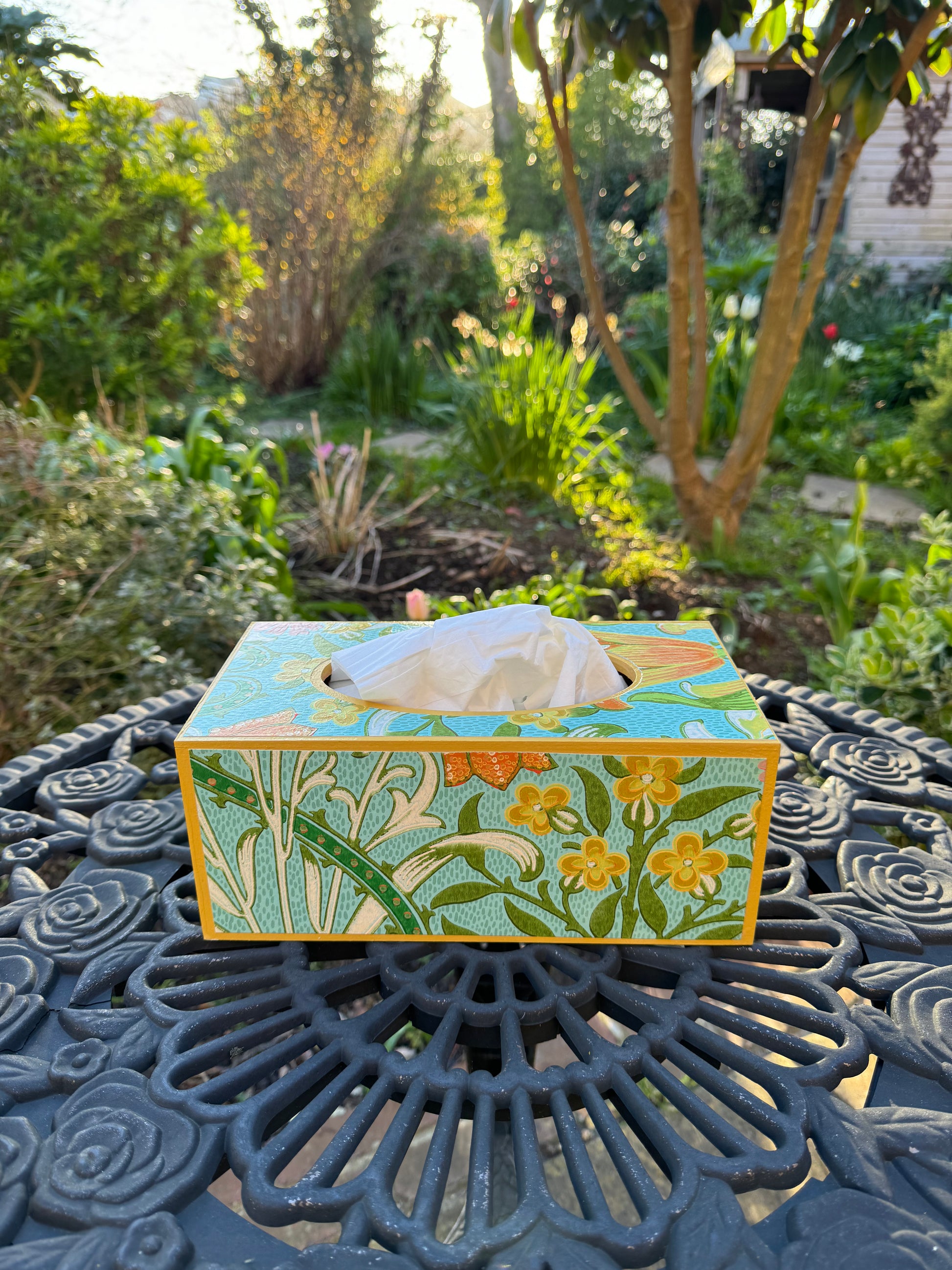 HIGHGATE **LIMITED EDITION** Waste paper bin & tissue box cover  - Decoupage in Woodland Weeds Cornubia/Ben Pentreath/Morris & Co in orange/turquoise colourway..