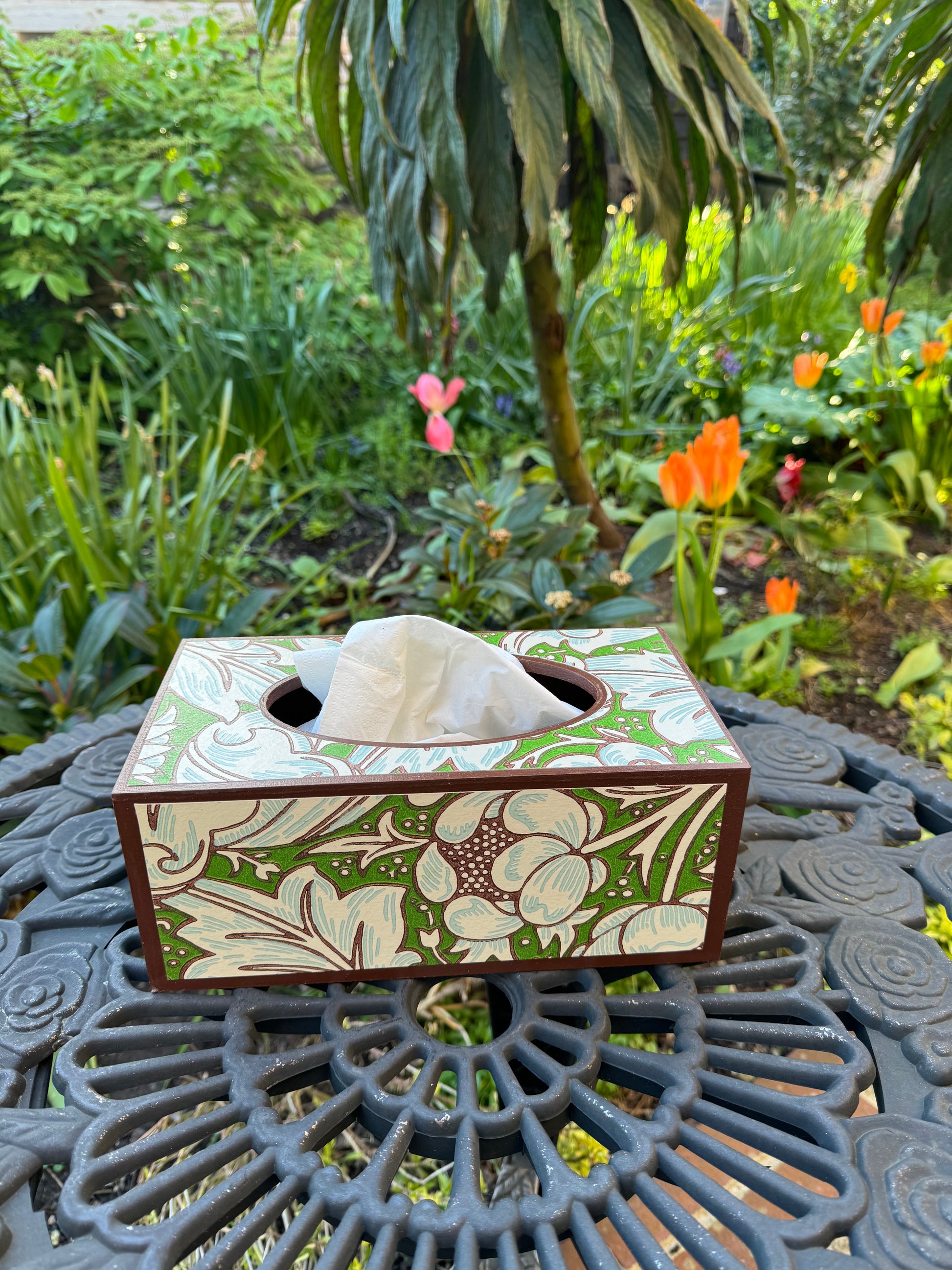 CLERKENWELL **LIMITED EDITION** Waste paper bin & rectangle tissue box cover - Decoupaged in Batchelor's Button/Morris &Co - colourway leaf green/sky..