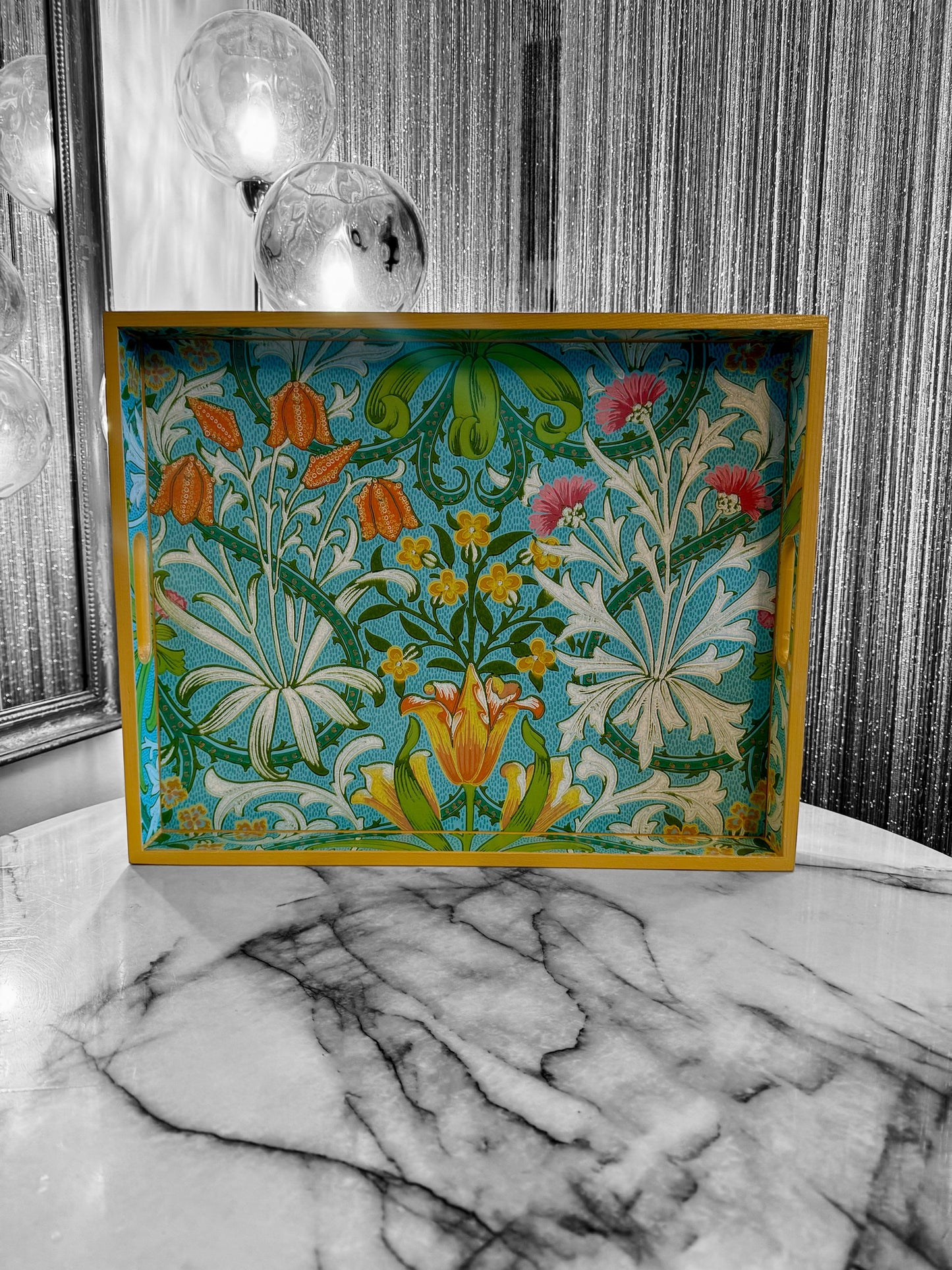 HIGHGATE **LIMITED EDITION** Tray in 4 x sizes - Decoupage in Woodland Weeds Cornubia/Ben Pentreath/Morris & Co in orange/turquoise colourway.