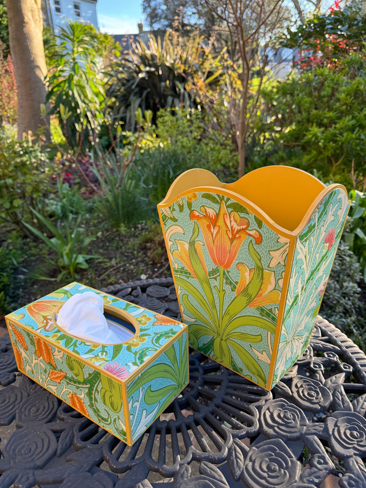 HIGHGATE **LIMITED EDITION** Waste paper bin & tissue box cover  - Decoupage in Woodland Weeds Cornubia/Ben Pentreath/Morris & Co in orange/turquoise colourway..