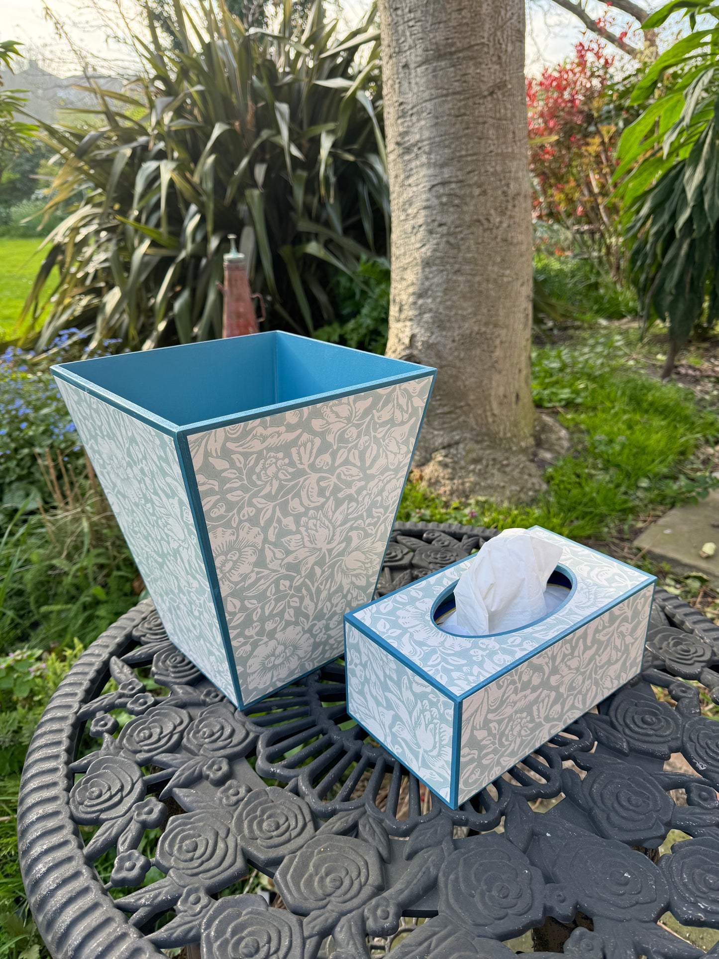 CHELSEA - Waste paper bin & rectangle tissue box cover - Decoupage in Mallow/Morris & Co in Chalk/Duck Egg colour way..