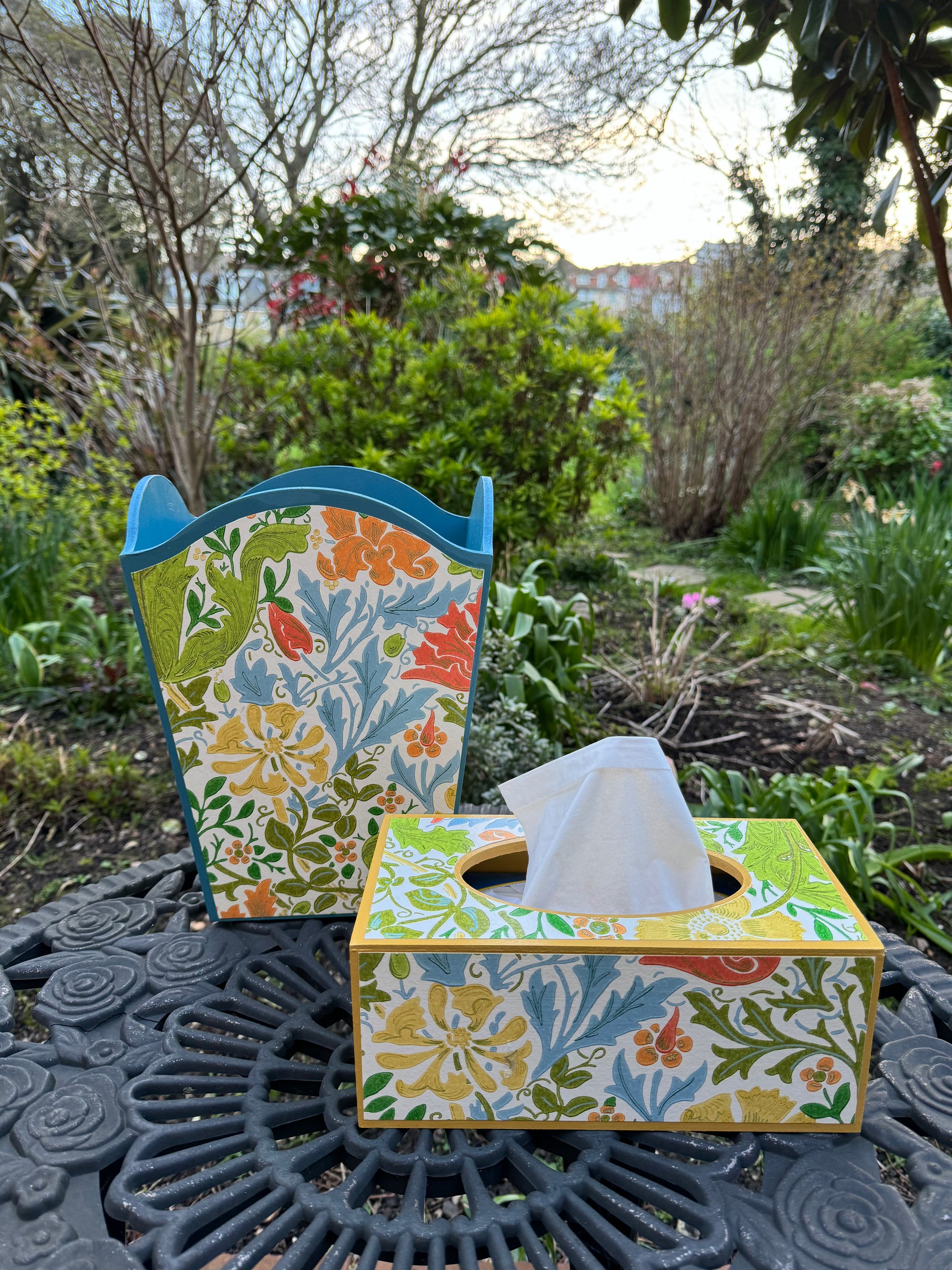 HAMPTON **LIMITED EDITION** Waste paper bin & tissue box cover - Decoupage Compton Spring/Cornubia/Ben Pentreath/Morris & Co.