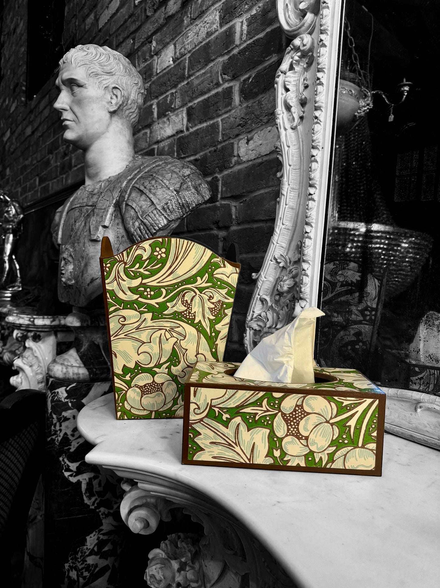 CLERKENWELL **LIMITED EDITION** Waste paper bin & rectangle tissue box cover - Decoupaged in Batchelor's Button/Morris &Co - colourway leaf green/sky..