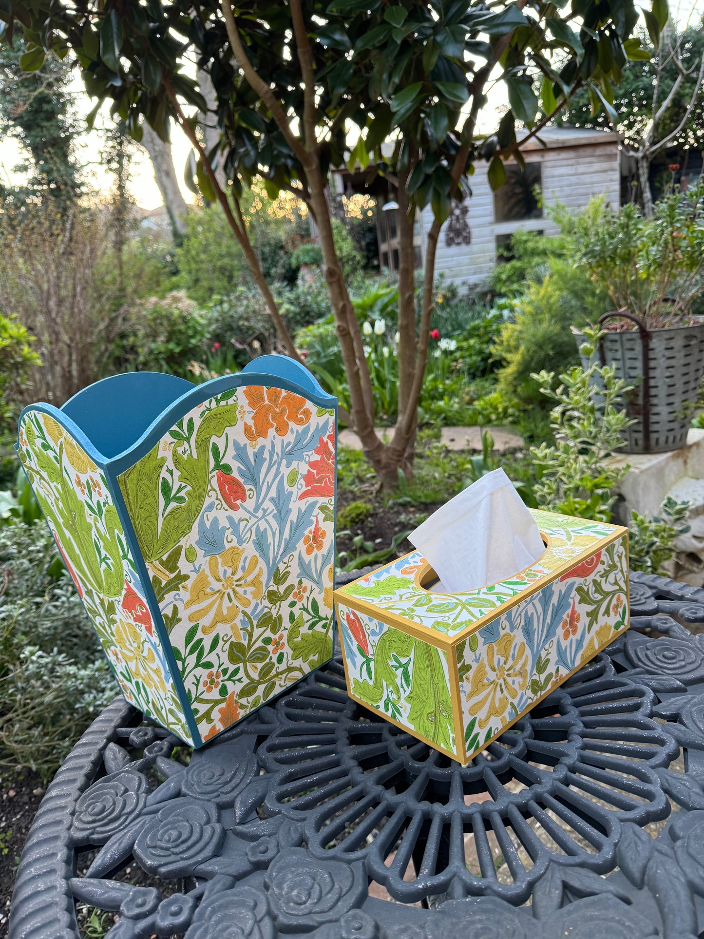 HAMPTON **LIMITED EDITION** Waste paper bin & tissue box cover - Decoupage Compton Spring/Cornubia/Ben Pentreath/Morris & Co.