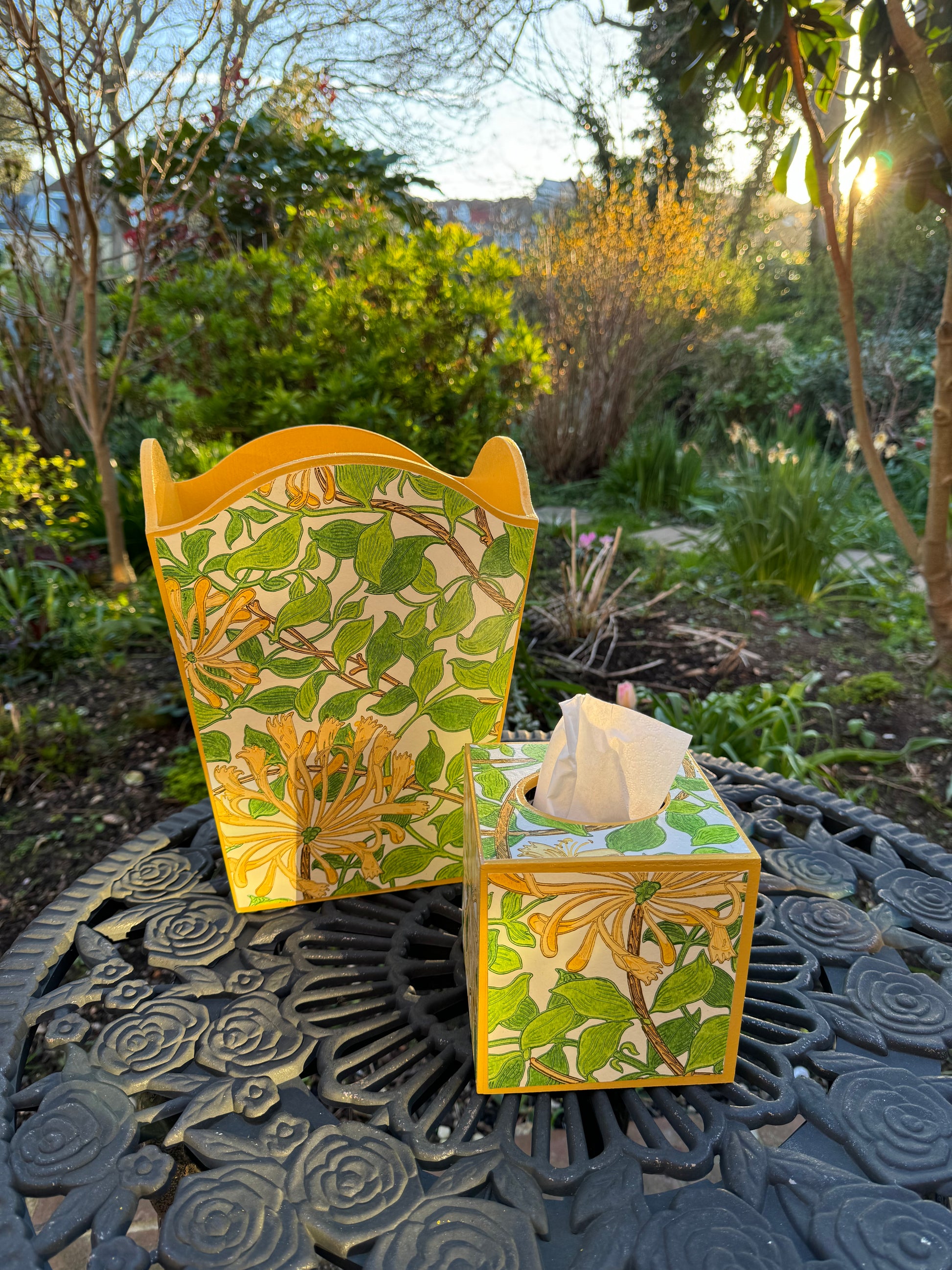 DALSTON **LIMITED EDITION** Waste paper bin & square tissue box cover - Decoupage in Honeysuckle/Morris & Co in Cream/Chocolate colour way..