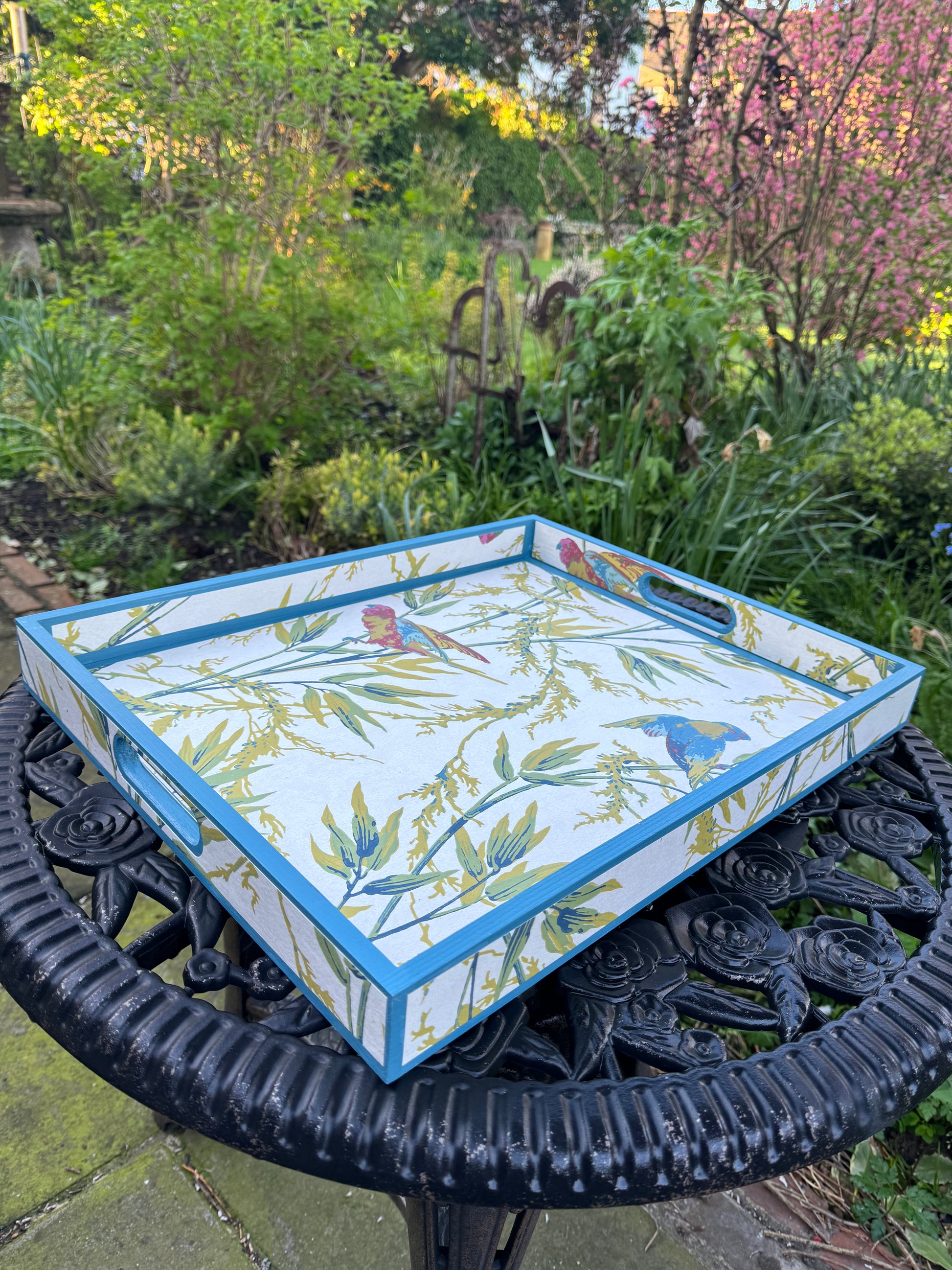 BLOOMSBURY tray in 4 sizes - Decoupage in Great Ormond St/Little Green in tropical colourway.