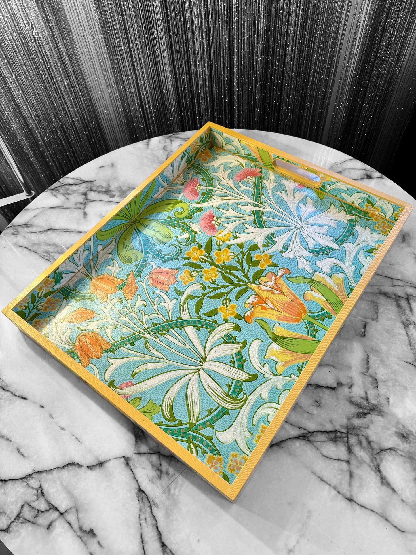 HIGHGATE **LIMITED EDITION** Tray in 4 x sizes - Decoupage in Woodland Weeds Cornubia/Ben Pentreath/Morris & Co in orange/turquoise colourway.