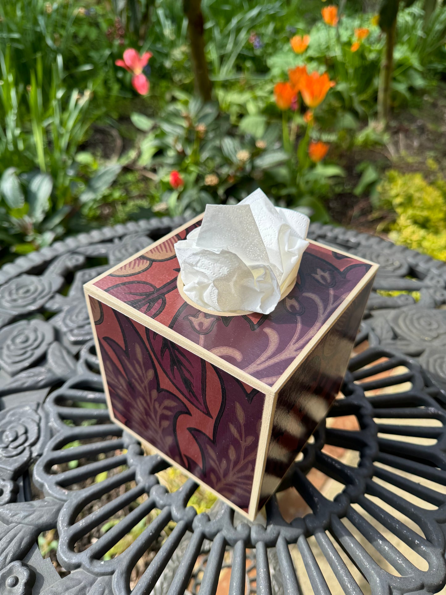 CAMDEN - Square tissue box cover - Decoupage in Artichoke/Morris & Co/Sanderson in wine colourway.