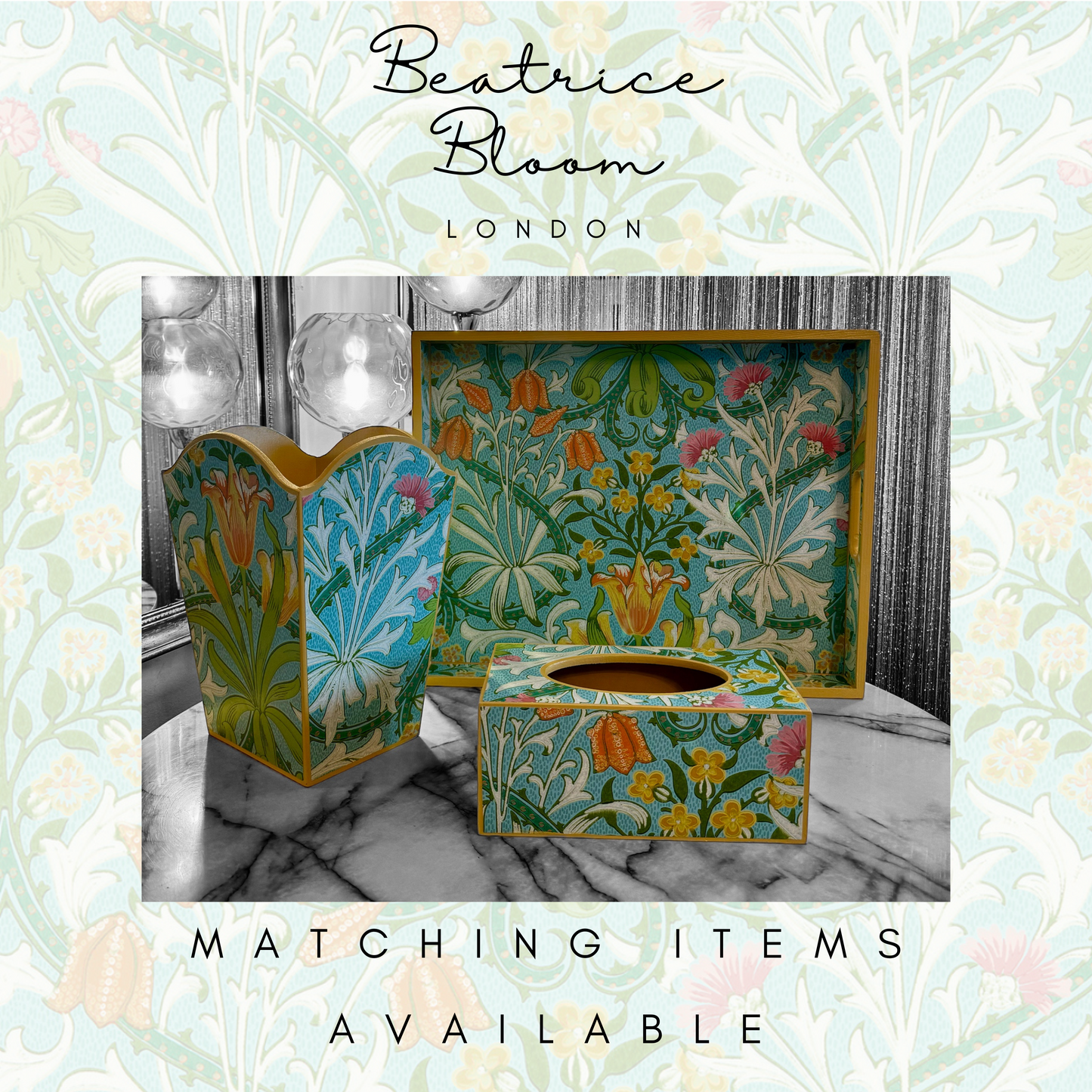 HIGHGATE **LIMITED EDITION** Tray in 4 x sizes - Decoupage in Woodland Weeds Cornubia/Ben Pentreath/Morris & Co in orange/turquoise colourway.