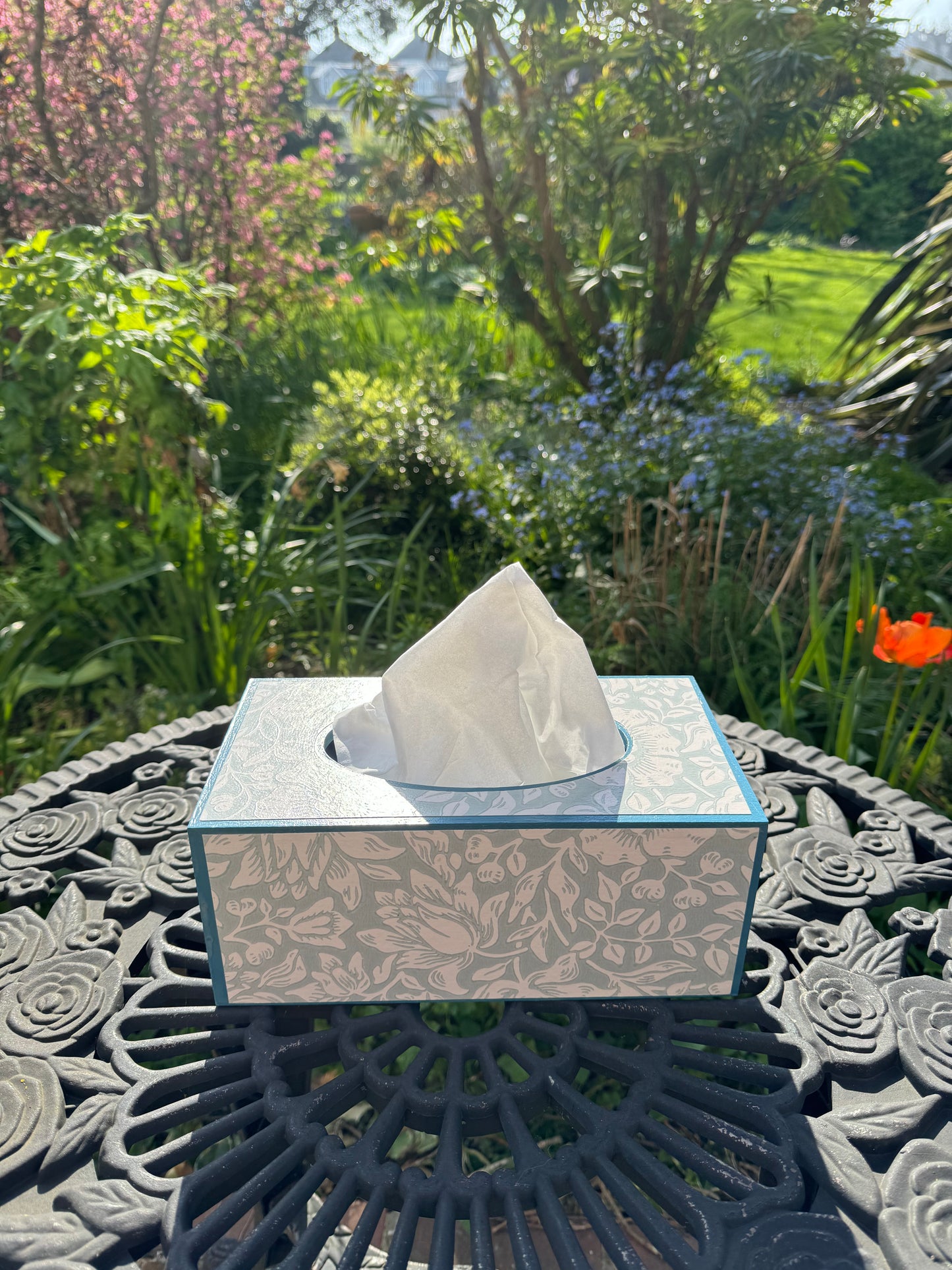 CHELSEA - Rectangle tissue box cover - Decoupage in Mallow/Morris & Co in Chalk/Duck Egg colour way..